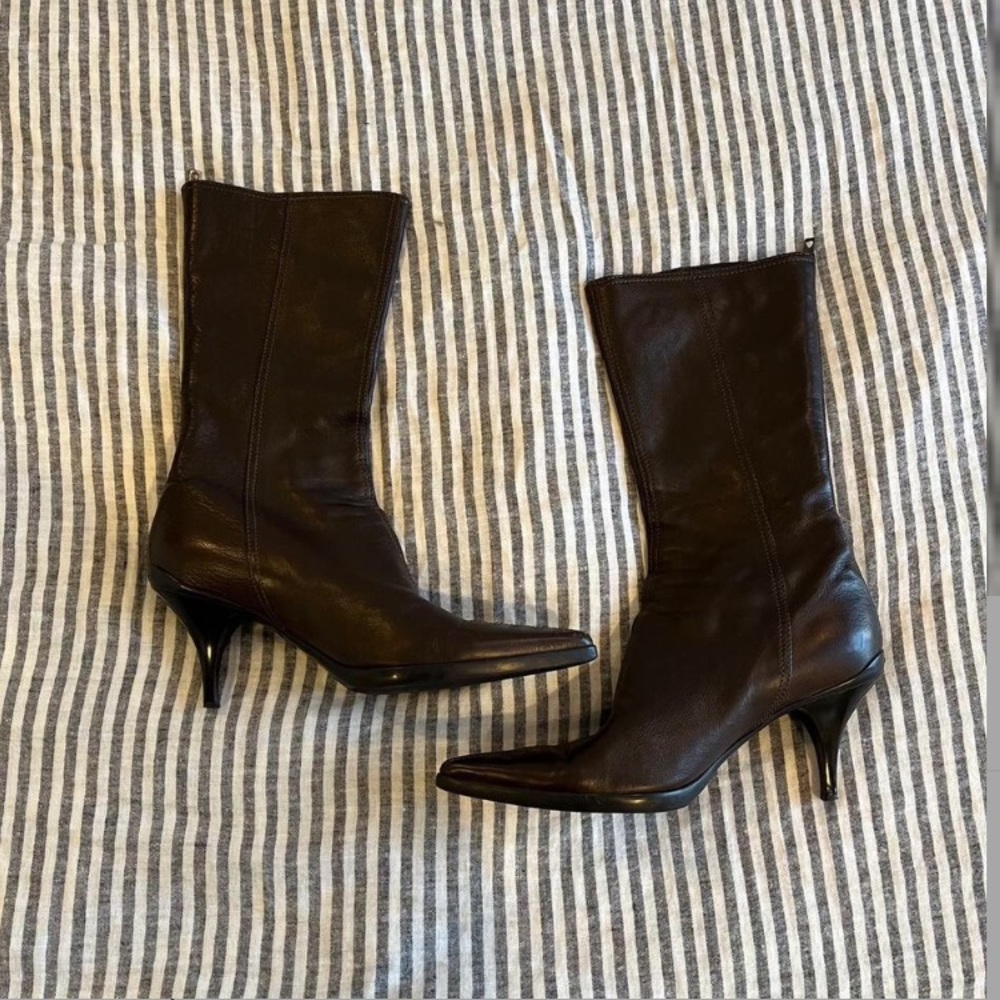 Miu Miu brown leather pointy mid calf boots